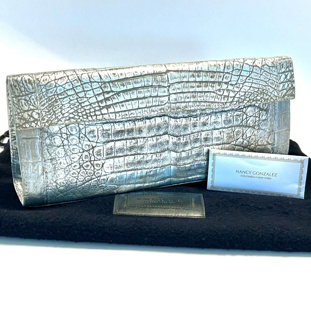Nancy Gonzalez Crocodile Long Clutch, Silver with grey highlighting